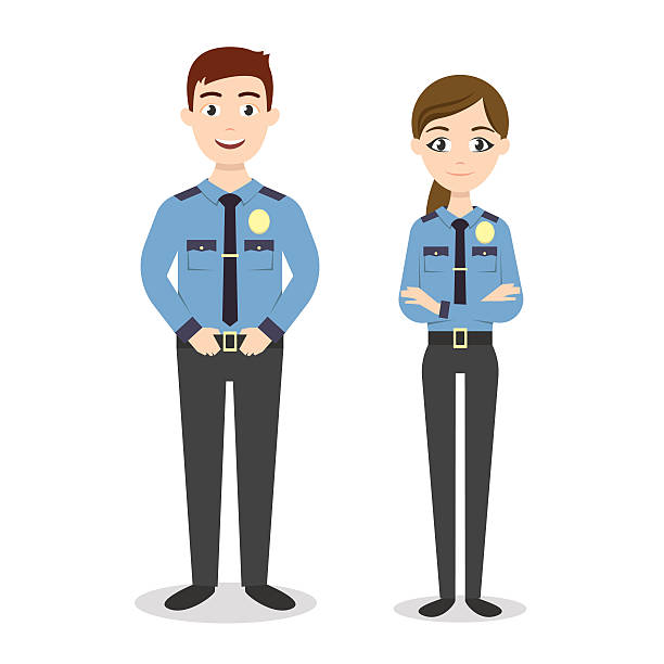 Vector characters: two young happy police officers, man and woman.